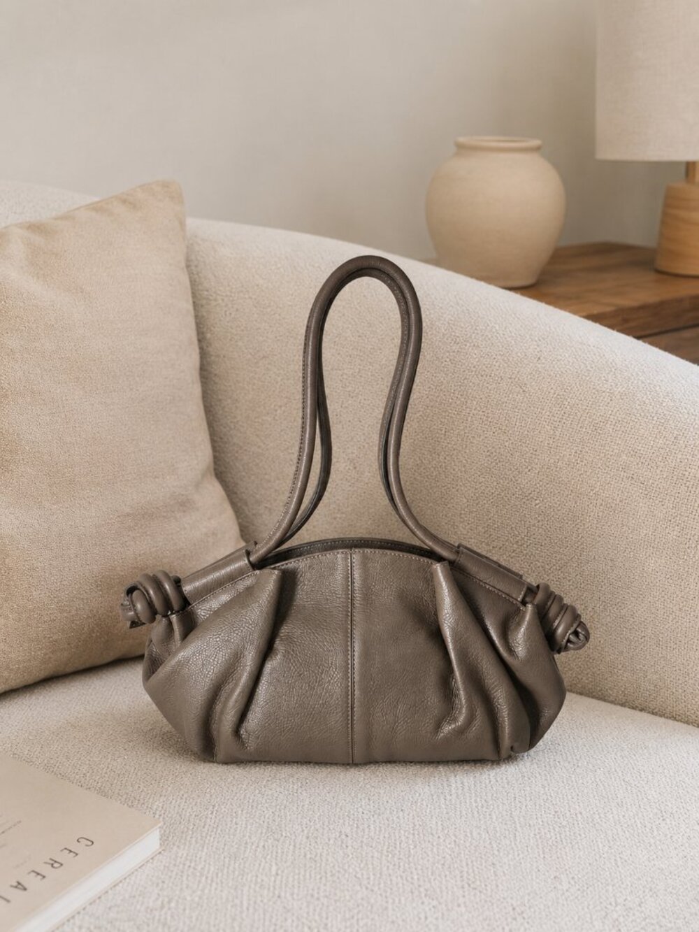 Taupe Italian Leather Shoulder & Crossbody Bag, Soft Gathered Leather Handbag